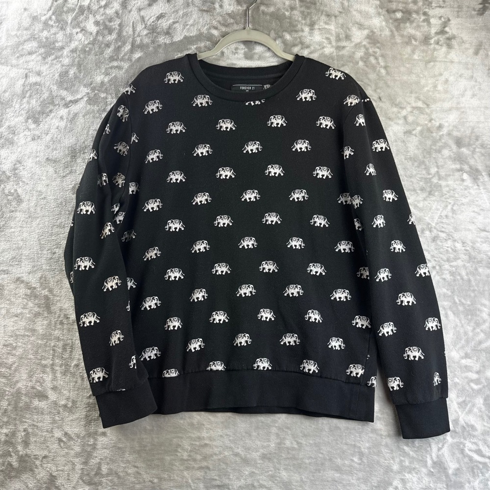 Forever 21 Sweatshirt Womens L Black Elephant Print Crewneck Pullover (1760)